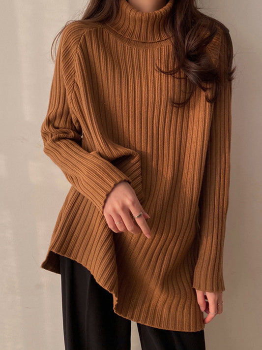 Casual Long Sleeves Loose Split-Side Solid Color High-Neck Sweater Tops