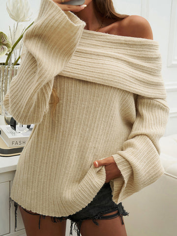 Flared Sleeves Long Sleeves Solid Color Off-The-Shoulder Sweater Tops