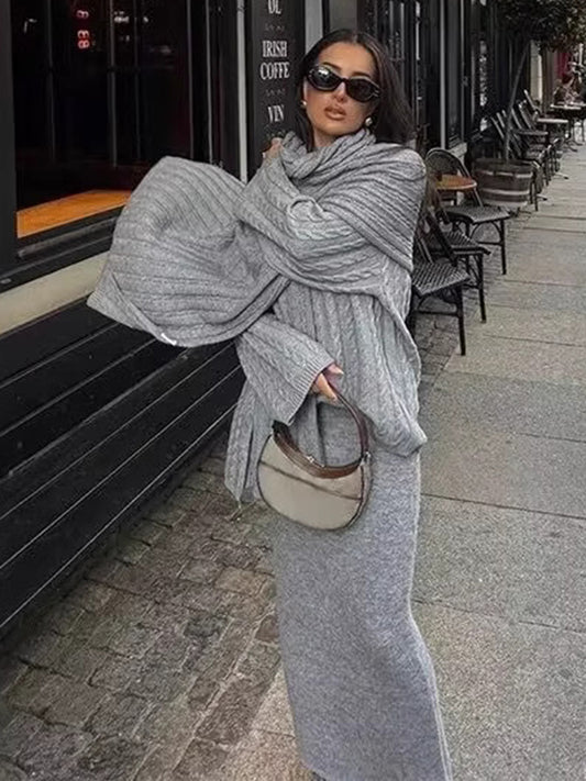 Long Sleeves Loose Solid Color Split-Joint Round-Neck Sweater Tops + Scarf Two Pieces