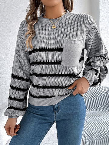 Long Sleeves Loose Contrast Color Pockets Split-Joint Round-Neck Pullovers Sweater Tops