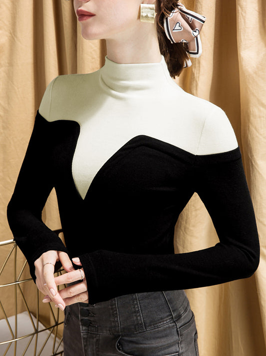 Vintage Contrast Color High-Neck Long Sleeves Pullover